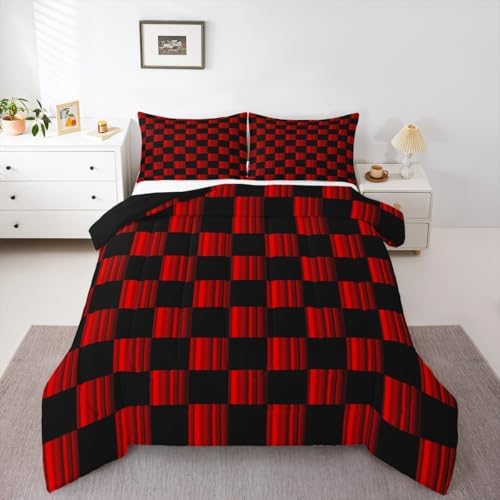 Feelyou Checkered Bedding Set for Boys Girls Abstract Ombre Comforter Set Toddler Size Modern Geometric Red Black Duvet Quilt Cute Neutral Aesthetic Plaid Bedroom Decor 2 Pcs with 1 Pillow Cases