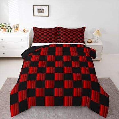 Feelyou Checkered Bedding Set for Boys Girls Abstract Ombre Comforter Set Queen Size Modern Geometric Red Black Duvet Quilt Cute Neutral Aesthetic Plaid Bedroom Decor 3 Pcs with 2 Pillow Cases
