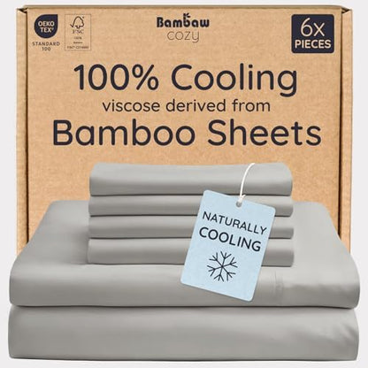 Bambaw 100% Viscose Derived from Bamboo Queen Size 6 Piece Sheet Set - Cooling Bed Sheets, Deep Pocket Queen Sheets, Fits Up to 16'' Mattresses (Moonlight Gray)