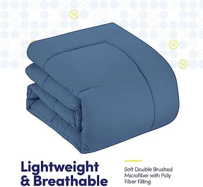 Sweet Home Collection 7 Piece Comforter Set Bag Solid Color All Season Soft Down Alternative Blanket & Luxurious Microfiber Bed Sheets, Denim, Queen