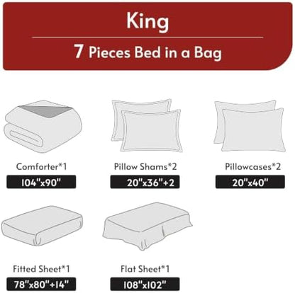 MUXHOMO 7 Pieces King Comforter Set, Reversible Bed in a Bag King Size, All Season Bedding Set with Comforter, Flat Sheet, Fitted Sheet, Pillowcases & Shams, Pink & Light Grey
