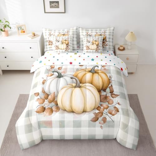 Erosebridal Thanksgiving 7 Piece Bedding Set King Fall Pumpkin Comforter Set with Sheets Autumn Buffalo Plaid Bed in a Bag Yellow Leaves Bed Sets Comforter