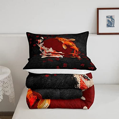 Koi Fish Kids Comforter Set Full Size,Marine Animals Cherry Blossom Branch Romantic Bedding Set,Girls Boys Adults Xmas Decor,Japanese Ukiyo-e Down Comforter,Red Black Duvet Insert,2 Pillowcases
