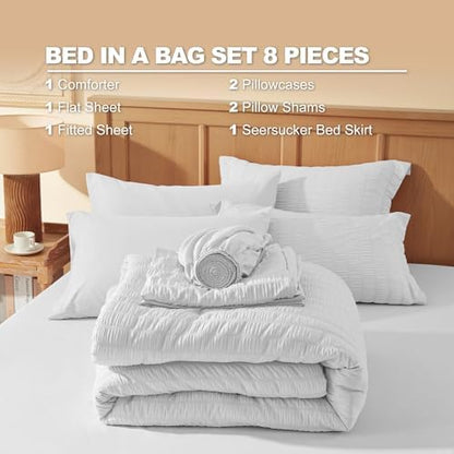 Laojin Balhen King Size Comforter Set 7 Pieces, White Seersucker Bed in a Bag Set King Size, All Season Luxury Bedding Sets with Comforter, Sheets, Pillowcase & Sham