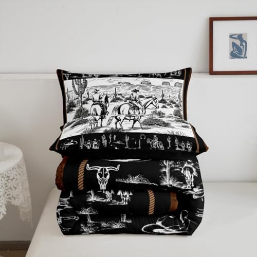 Manfei Western Comforter Set Twin Size, Cowboy Riding Horse Bedding Set 2pcs, Wild West Cactus Country Down Comforter for All Season Black White, Kids Boys Girls Room Decor, 1 Pillowcase