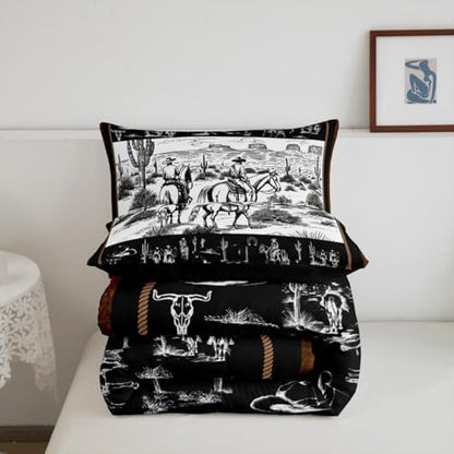 Manfei Western Comforter Set Twin Size, Cowboy Riding Horse Bedding Set 2pcs, Wild West Cactus Country Down Comforter for All Season Black White, Kids Boys Girls Room Decor, 1 Pillowcase