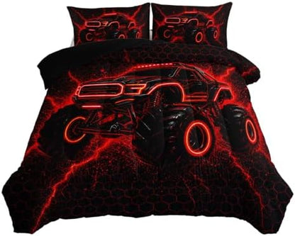 AILONEN Queen Comforter Set 3 Piece, Red Neon Off Road Truck 3D Printed Bedding with 2 Pillowcases, Soft Lightweight Microfiber Electric Graphic Decor for Master Suite