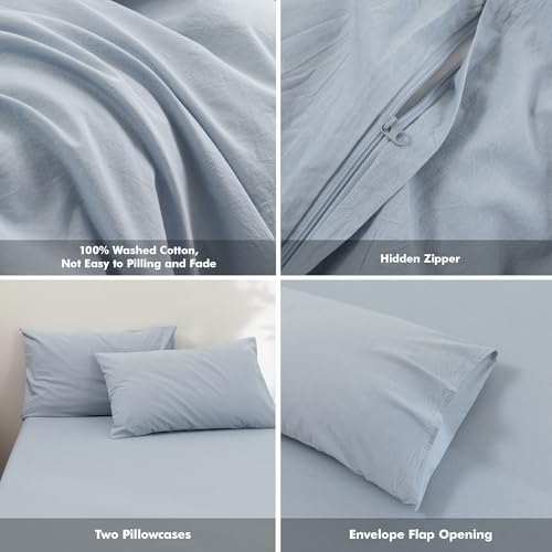 FOSSA Duvet Cover Set 100% Washed Cotton Linen Feel Queen