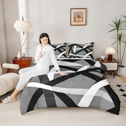 jejeloiu Black Gray Bedding Set Soft for Boys Girls, Geometric Comforter Set Full Size Stripe Line Duvet Quilt Microfiber Modern Abstract Bedroom Decor 3 Pcs with 2 Pillow Cases