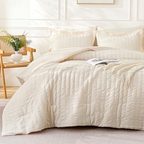 FreshCulture Comforter Set Seersucker 7 Pieces, All Season Bedding Set Queen, Bed in a Bag Comforter Set with 1 Comforter, 1 Flat Sheet, 1 Fitted Sheet, 2 Pillowcases and 2 Pillow Shams, Cream