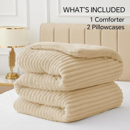 BEDELITE Fleece Oversized Queen Comforter Set, Fluffy Bed Set, Beige