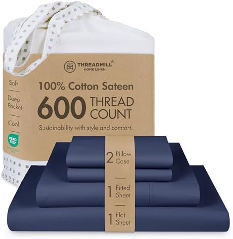 Threadmill 100% Cotton Sheets for Cal King Size Bed - 600 Thread Count Cal King Bed Sheets Set with 16” Deep Pocket - Sateen Weave 4-Piece Bedding Set with Cooling Effect, Folkstone Blue