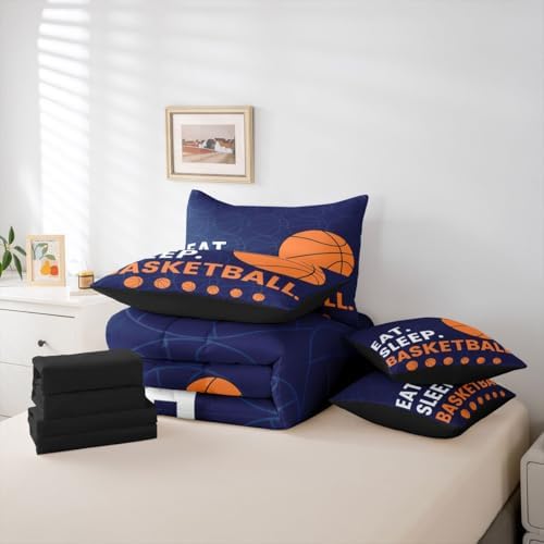 Erosebridal Boys Basketball Orange Navy Blue 7 Piece Bedding Set Twin | Ball Gaming Comforter Set with Sheets Sports Kids Teens Bed in A Bag Men Bed Sets