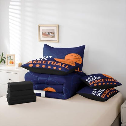 Erosebridal Boys Basketball Orange Navy Blue 7 Piece Bedding Set Twin | Ball Gaming Comforter Set with Sheets Sports Kids Teens Bed in A Bag Men Bed Sets