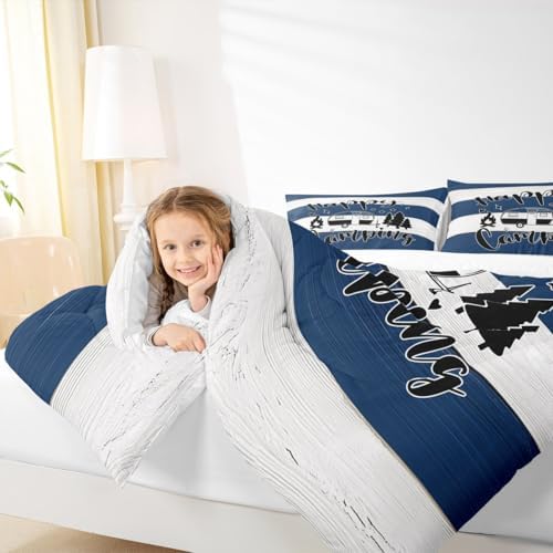 Happy Camping Comforter Set Twin Size,Camper RV Trailer Decor Bedding Set 2pcs for Kids Boys Girls Adults,Rustic Farmhouse Wooden Plank Down Comforter,Blue White Retro Duvet Insert,1 Pillowcase