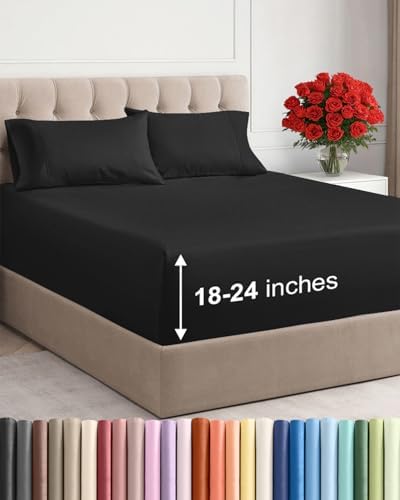 Extra Deep Cal King Sheet Set - 4 Piece Breathable & Cooling Sheets - Black