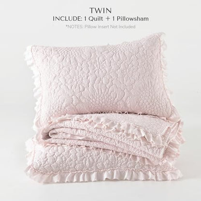 HORIMOTE HOME Pink Ruffled Quilt Twin Size, Stone-Washed Microfiber Lightweight Crinkled Farmhouse Rustic Shabby Chic Bedding Set, 2 Pieces Reversible Bedspread with Pillow Sham for All Season