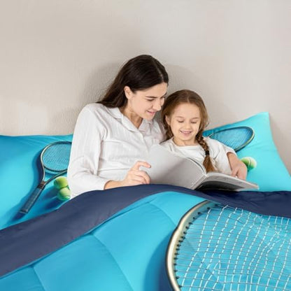 Castle Fairy Tennis Racket Comforter Set King Size American Sports Ball Gaming Bedding Set Kids Boys Girls Tennis Balls All Season Quilt Set Sport Competition Bedding Comforter Sets,3Pcs