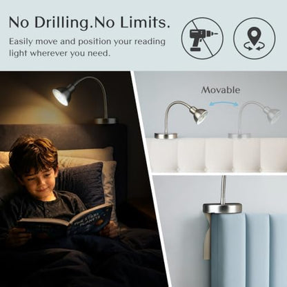 Solfres Patented Innovative Design Headboard Reading Light. No Drilling Golden Book Light for Bedtime Reading. Dimmable LED Book Reading Lamp with Bulb. Movable & Flexible, Silver