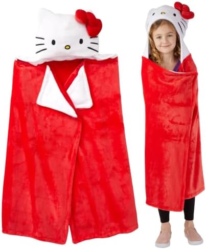 Franco Sanrio Hello Kitty Red Bow Plush Hooded Throw, Kids Bedding Super Soft Blanket, 30 in x 50 in, (Officially Licensed Product)