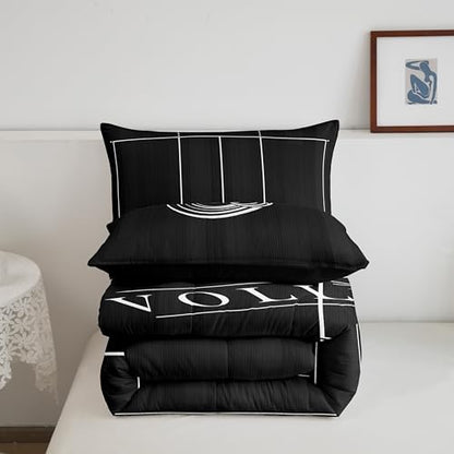 Erosebridal Volleyball Print Comforter Set Twin for Kids Boys Ball Game Bedding Set, Sport Themed Bedding Comforter Sets Volleyball Court Duvet, Black and White Quilted Comforter Reversible 3pcs