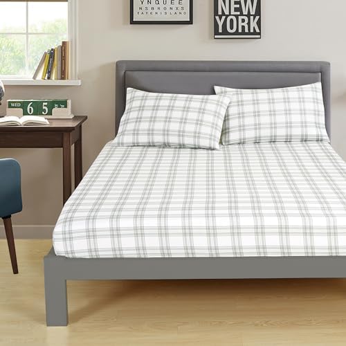 Chezmoi Collection 4-Piece Lodge Plaid Sheet Set King Size - Gray White Plaid Stripe Printed Brushed Microfiber Lightweight Breathable Deep Pocket Bed Sheets