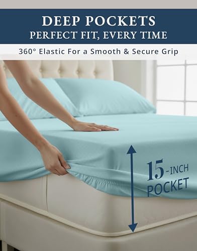 LANE LINEN King Size Sheets Set Sateen Weave - Blue Sky Swiss Dot