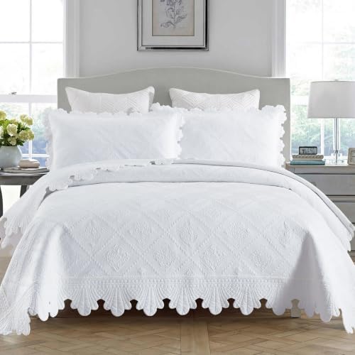 MarCielo 3-Piece 100% Cotton Oversized Bedspread Lightweight Quilt Coverlet Embroidery Farmhouse Bedding Set (TK White, Oversized King (118"x106"))