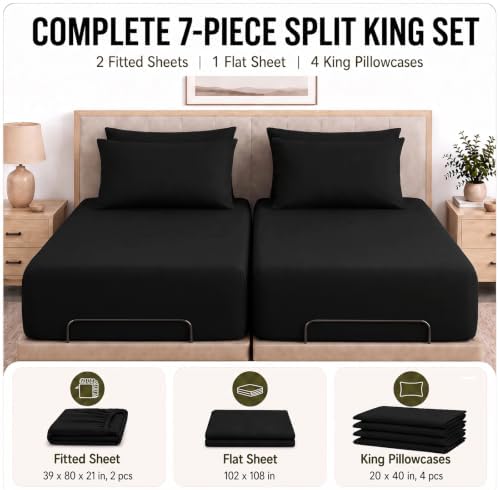 CozyLux Split King Sheets 7-Piece, 21-Inch Deep Pocket, Soft Brushed Feel