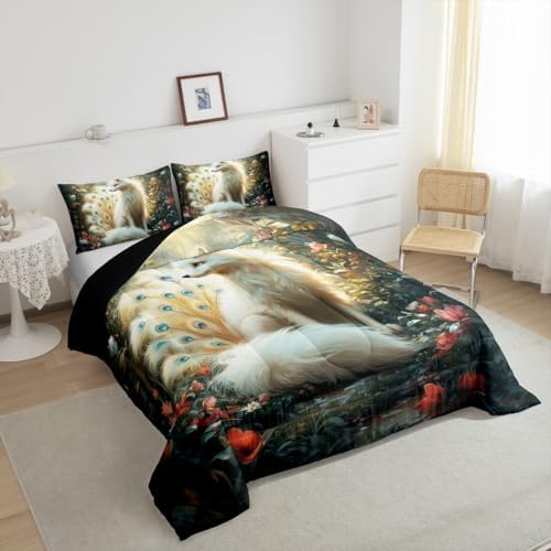 Nine-tailed Fox Kids Comforter Set Full Size,Poppy Flowers Leaf Botanical Natural Bedding Set,Girls Boys Room Decor,Wildlife Animals Mysterious Quilt Comforter,Rustic Duvet Insert,2 Pillowcases