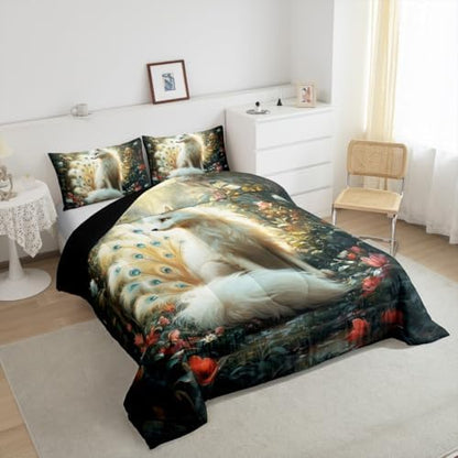 Manfei Nine-Tailed Fox Kids Comforter Set Twin Size,Poppy Flowers Leaf Botanical Natural Bedding Set,Girls Boys Room Decor,Wildlife Animals Mysterious Quilt Comforter,Rustic Duvet Insert,1 Pillowcase