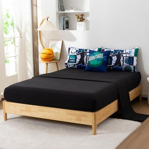 Aimuan Sports Geometric Grid Black Patchwork Basketball Printed for Boys Twin 6Pcs Bed in A Bag Green and Blue Comforter Bedding Set Twin Size, Blue-Green
