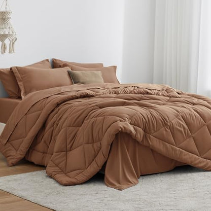 Love's cabin Twin Comforter Set Mocha Mousse, 5 Pieces Twin Bed in a Bag, All Season Bedding Sets with 1 Comforter, 1 Flat Sheet, 1 Fitted Sheet, 1 Pillowcase and 1 Pillow Sham