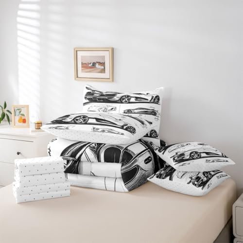Feelyou Black White Race Car Full Comforter Set with Sheets for Kids Boys Girls Extreme Sports 7 Pieces Bedding Set Speed Sports Car Bed in a Bag Room Decor Soft Lightweight Microfiber