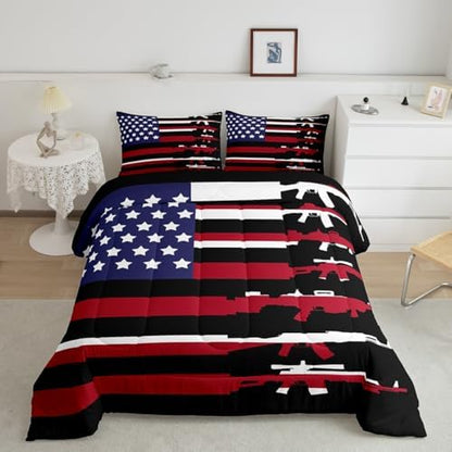 Erosebridal American Flag Comforter Set King,Army Military Bedding Set for Teens Man,Red Blue Stars Stripe USA Flag Bedding Comforter Soldier Quilt Duvet Set 2 Pillow Cases Bedroom Decor