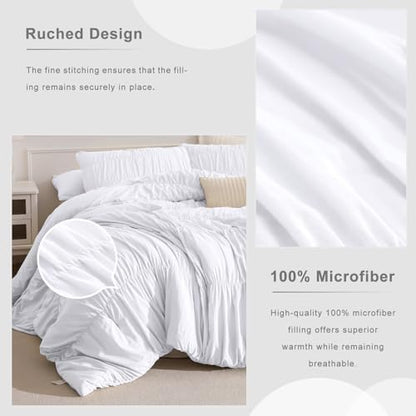 Masaca White Oversized King Comforter Set 120x120,Ruched Ruffle California King Bed Comforter Set Shabby Boho Chic Microfiber Extra Large Bedding Comforter 3PCS