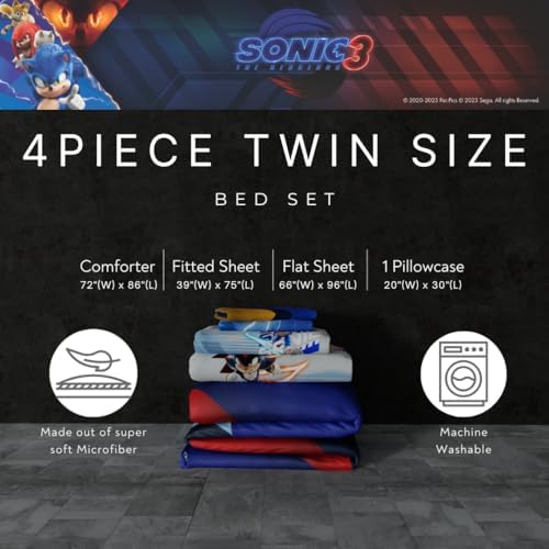 Sonic The Hedgehog 3 Movie Kids Bedding Super Soft Comforter and Sheet Set, 4 Piece Twin Size, (Officially Licensed Product) By Franco