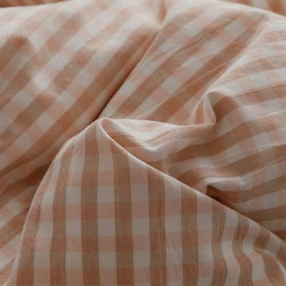 mixinni Vintage Pink Gingham Ruffle Comforter Set 3-Piece Washed Cotton Queen Size Grid Bedding Set with Geometric Checkered Pattern, Farmhouse Chic Soft Fluffy Comforter for All-Season