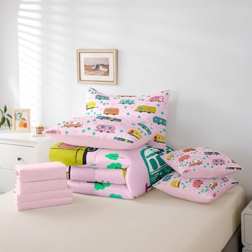 Erosebridal Kids Travel RV Comforter Set Full Size,Camping Themed Bedding Set for Kids Teens,Cartoon Trees (Comforter+Fitted+Flat Sheet+2 Pillowcases+2 Throw Pillow Covers) 7 Pieces Bed Set
