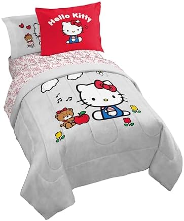 Sanrio Hello Kitty Full Comforter Set 7 Piece Bedding for Girls, Grey