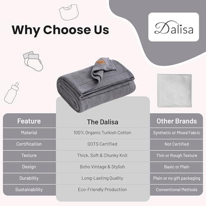 Dalisa 100% Organic Turkish Cotton Throw Blanket - GOTS Certified, Cozy - Perfect for Couch, Bed, and Home Decor - Boho Vintage Knit Alina (Dark Grey, 60x80)