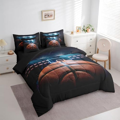 Erosebridal 3D Basketball 7 Piece Bedding Set King Size,Sports Theme Bed in a Bag,Basketball Game Bed Set Includes Comforter, Sheet Set, Pillowcases & Pillow Covers All Season Bedroom Decor