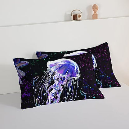 HOSIMA Ocean Theme King Size Comforter Set 3 Piece,Deep Sea Treasure Crystals Jellyfish Comforter Preppy Bedding Set,Dreamy Marine Life Colored Ink Comforter Galaxy Bedding.
