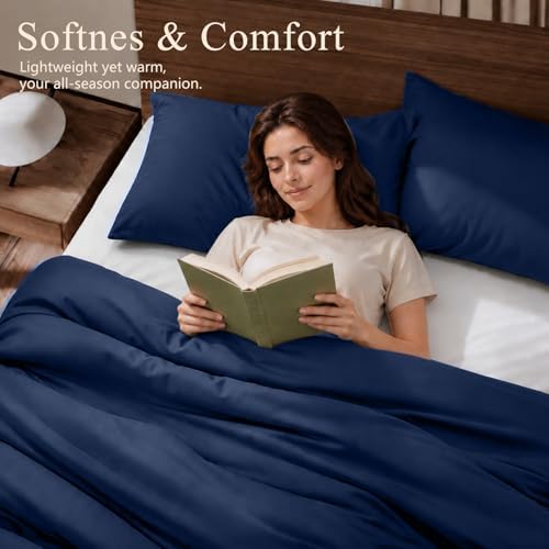 Queen Duvet Cover Set 3 Pieces, 100% Organic Viscose derived from Bamboo, Luxuriously Soft & Cooling, 1 Duvet Cover and 2 Pillowcases, 90" x 90"(Queen, Navy)