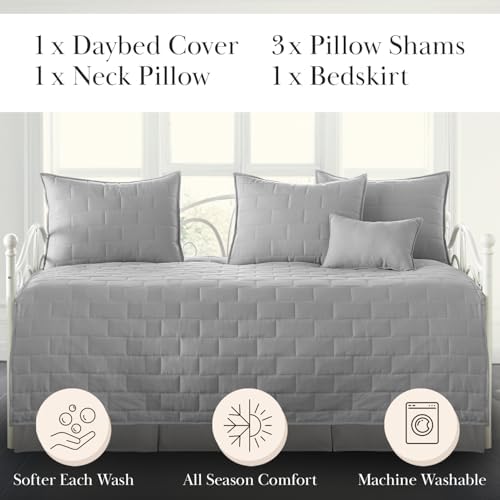 6-Piece Daybed Quilted Cover Set Shams bed skirt Twin Bedding Steel Grey