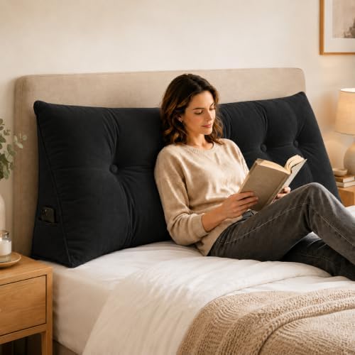 King Triangular Wedge Headboard Pillow, Soft Cotton Backrest Support Pillow for Reading Sitting Working, Daybed Pillows Bed Dorm Sofa Rest Cushion for Headboard, Black