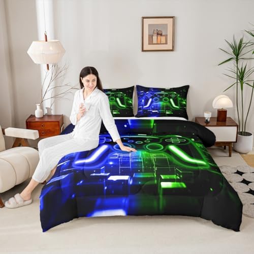 Erosebridal Gaming Comforter Set Gamer Girl Toddler Bedding Set, Neon Lights Video Game Consoles Comforter Blue Green Brick Cube Quilt,Video Game Decor