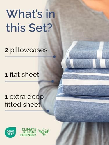 Extra Deep Cal King Sheet Set - 4 Piece Breathable & Cooling - Blue Stripes