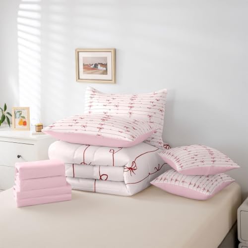 Erosebridal Pink Bow King Size Comforter Set with Sheets | Pink Bowknot 7 Piece Bedding Set Coquette Bowknot Bed in a Bag, Butterfly Knot Princess Room Decor,Room Decor Pink