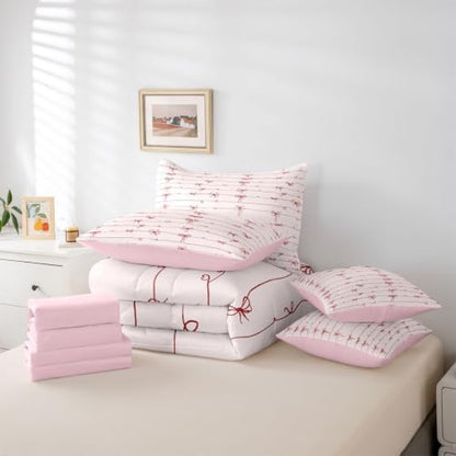 Erosebridal Pink Bow King Size Comforter Set with Sheets | Pink Bowknot 7 Piece Bedding Set Coquette Bowknot Bed in a Bag, Butterfly Knot Princess Room Decor,Room Decor Pink